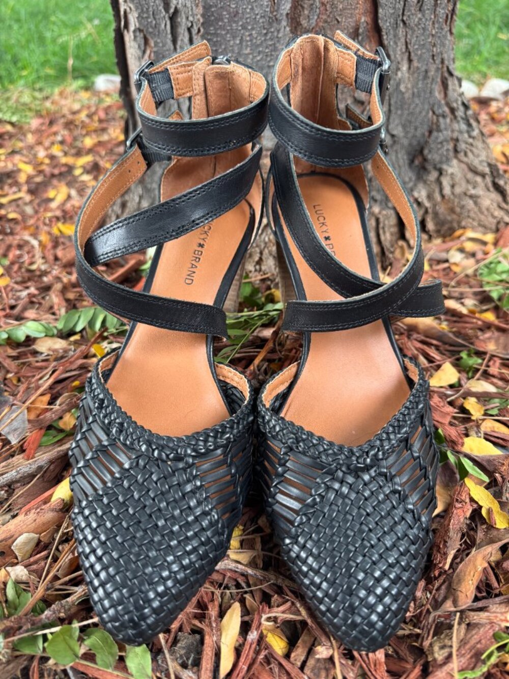 Lucky Brand Mollwin Black Woven Ankle Strap Pumps NWOB - Size 8 1/2